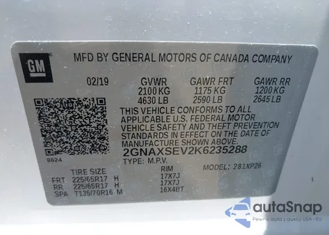 2019 Chevrolet Equinox Ls z USA, uszkodzony, nr VIN 2GNAXSEV2K6235288